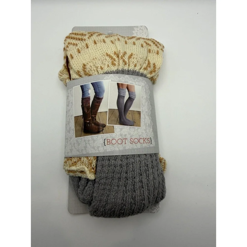Grace & Lace Tahoe Tassel Boot Socks-Grey Sock, Cream Top-One Size-New With Tags
